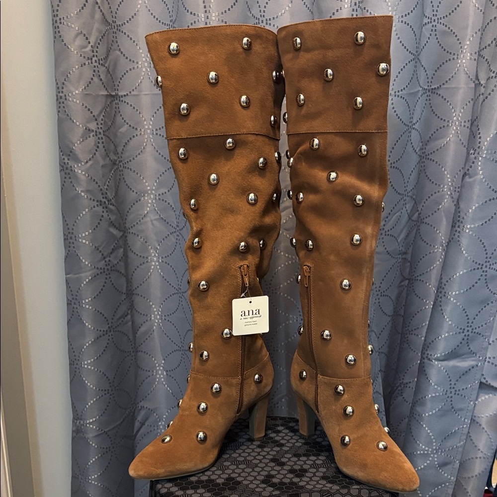 A.N.A Genuine Suede Tan Over-the-Knee Boots with Silver Studs